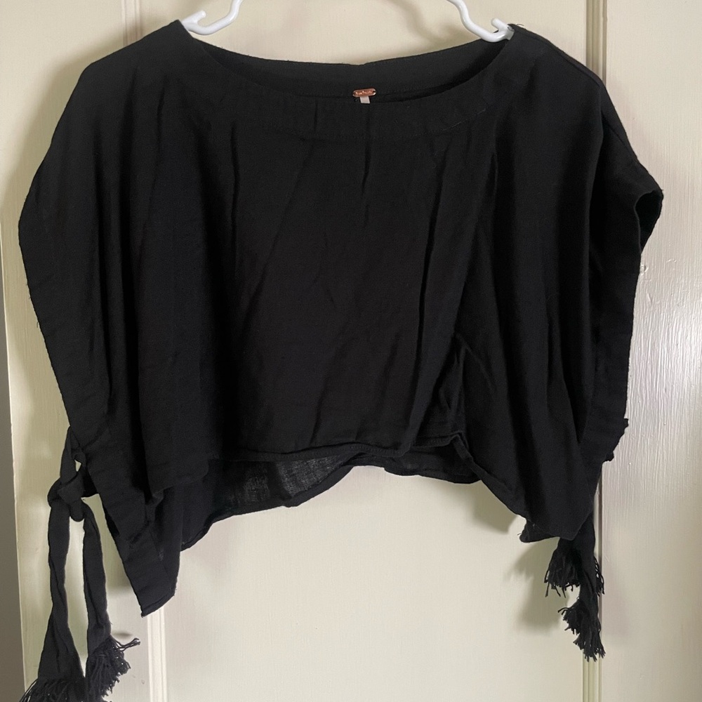 Free People Black Cotton Tie Open Sides with Tassels Women's Top